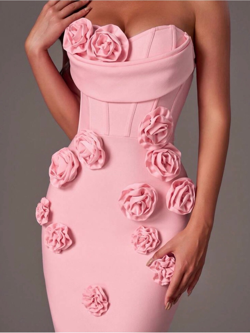 SHEIN Blush Pink Strapless Rose-Appliqué Dress